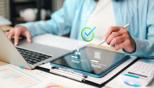 Person making online payment successful transaction via digital tablet and laptop, mobile banking transfer icon, electronic money transfer.