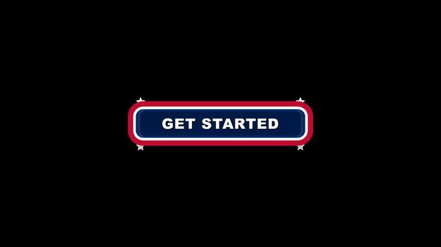 Animated American patriotic get started button featuring a bold classic blue, red, and white layered design with embossed typography and decorative stars. The physical CTA button compresses when activ