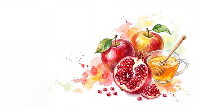 Watercolor illustration of apples, pomegranate, and honey jar with wooden dipper, symbolizing Rosh Hashanah and the Jewish New Year celebration