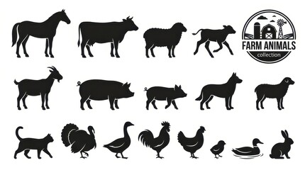 Fototapeta premium Farm Animals Silhouette Collection with Horse Cow Pig Sheep Goat Chicken and More Livestock Vector Icons