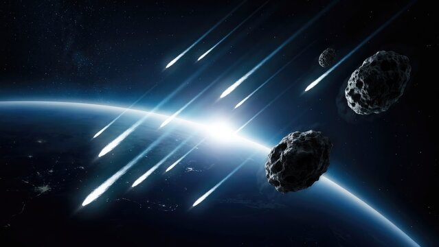 Asteroids and meteor shower above the earth's atmosphere