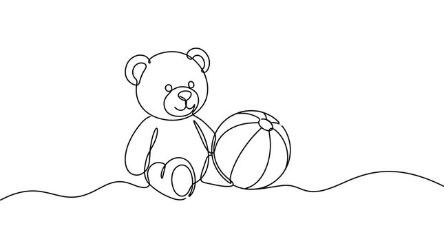 Continuous line drawing of a cute teddy bear sitting beside a striped beach ball with continuous