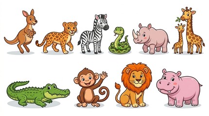 Fototapeta premium Cute Cartoon Wild Animal Collection Set featuring Lion, Giraffe, Zebra, Monkey, and More Isolated on White Background