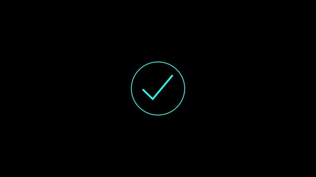 tik mark cyan icon animation. black background check mark 4k video. Hand-Drawn tik Mark Animation on Black Background Animated OK Check Mark Icon Checkbox or Tick Doodle Animation.