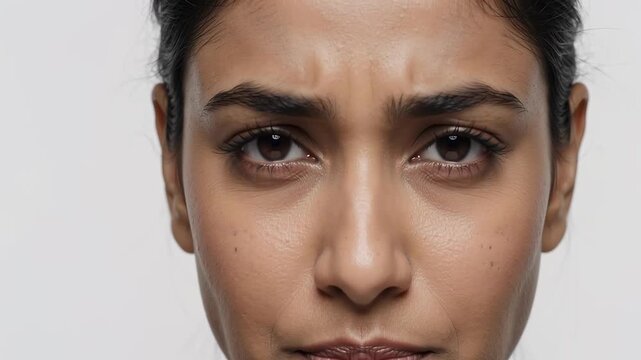 Studio Close Up of Serious Indian Woman Looking into Camera Shifting to Concerned Frown