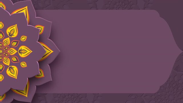 Rotating Indian Rangoli with copy space. Diwali festival of lights. Purple color background. 4K loop video animation.