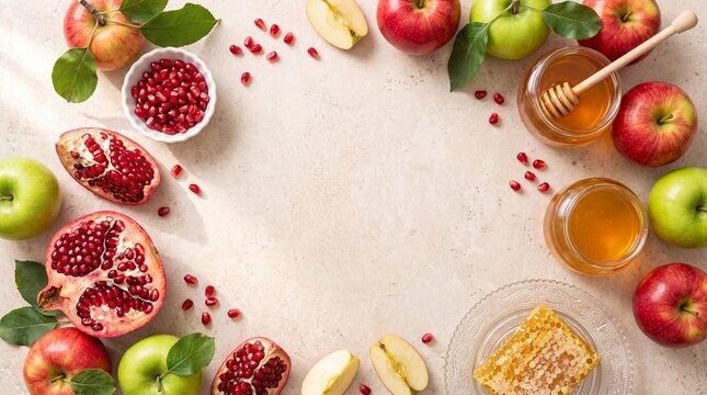 Rosh Hashanah celebration with apples, honey, pomegranate, and honey cake arranged on a light surface for the Jewish New Year