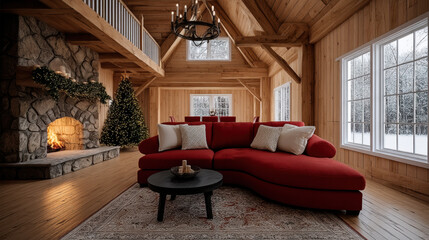 Obraz premium Cozy rustic living room with red sofa stone fireplace Christmas tree wood beams large windows winter warm ambiance holiday decor
