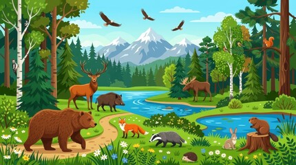 Fototapeta premium Vibrant Forest Wildlife Illustration with Bear, Deer, Fox, and Moose in a Scenic Mountain Landscape with River