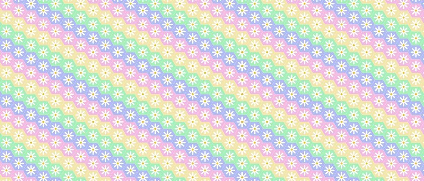 エレクトリックシアンのレトロデイジー花柄ヘキサゴンタイル背景