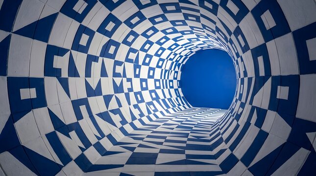 Abstract blue and white checkered tunnel background with a perspective vanishing point.