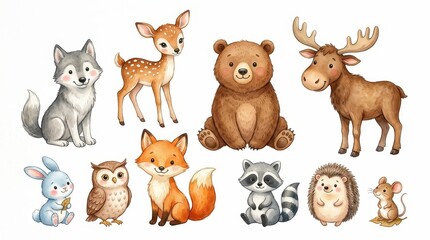 Fototapeta premium Cute Watercolor Woodland Animals Set with Bear, Fox, Deer, Owl, and Raccoon Isolated on White Background for Nursery Decor