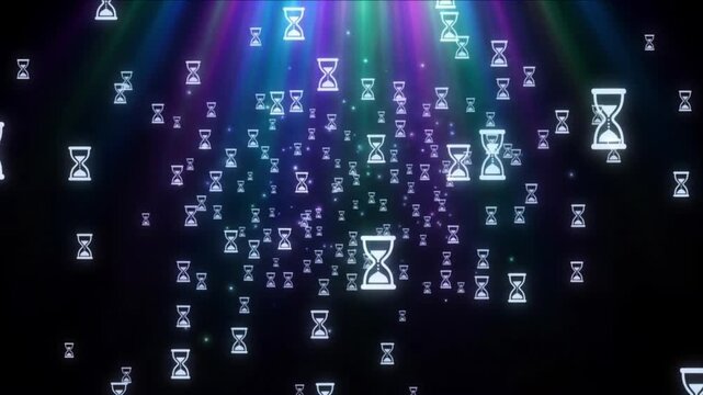 暗黒空間を漂う半透明な砂時計アイコンと多色の光が広がる背景映像