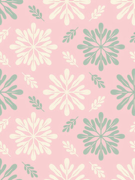Seamless pattern with snowflakes and leaves on pink background
