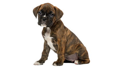 Obraz premium Adorable brindle boxer puppy sitting and looking up cute domestic pet portrait