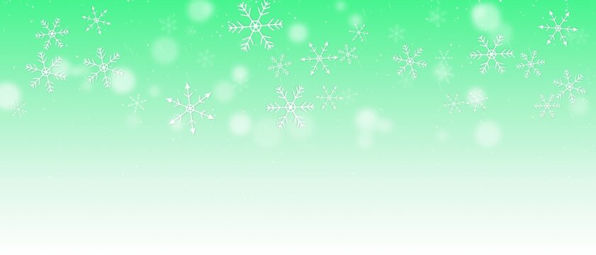 エメラルドグリーンのクリスマス降雪と雪の結晶背景