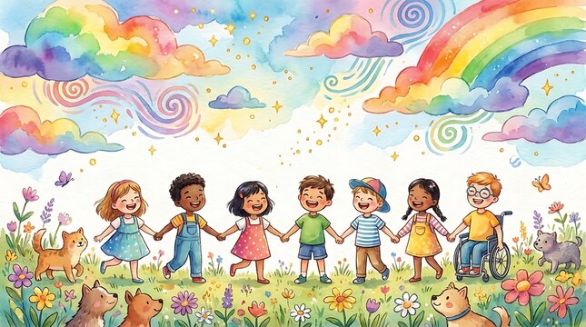 Watercolor illustration of happy diverse children playing together with dogs under a rainbow