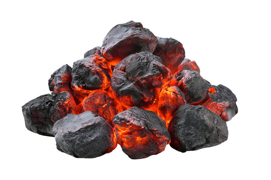 Glowing fireplace wood embers with warm orange flames and realistic charred texture, isolated PNG on transparent background