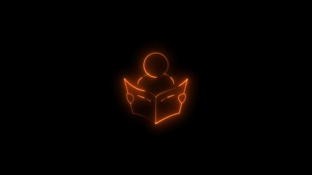 glowing orange colour neon person reading book icon isolated on black background. futuristic education, learning, knowledge, and study concept. 4k video animation.