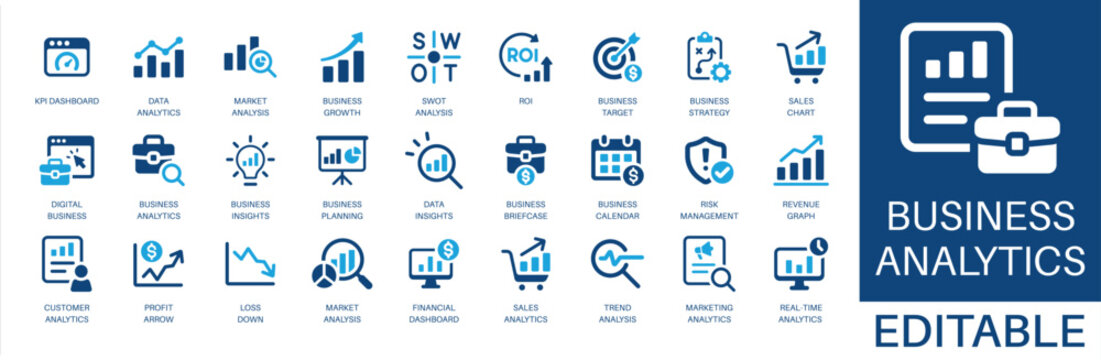 Business analytics and market analysis solid icon set. Featuring business growth, business strategy, risk management, roi, and data insights. Editable vector glyphs for management and finance.