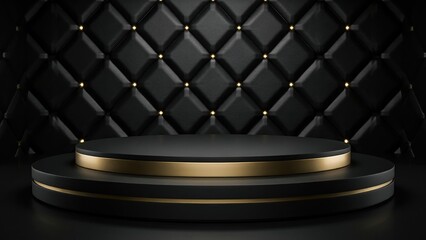 Obraz premium Black circular podium with gold accents and quilted background
