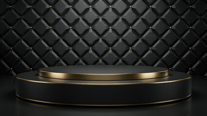 Obraz premium Black and gold circular pedestal against quilted leather wall