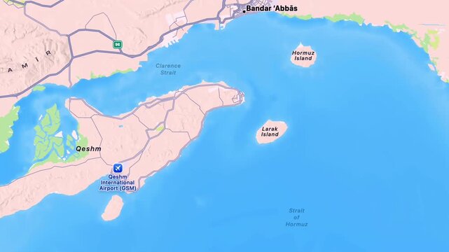 Lark, Qeshm and Hormuz Islands with Bandar Abbas in Iran Showing Persian Gulf Geography, Strait of Hormuz and Strategic Coastal Location
