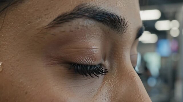 Macro Profile Shot of Woman Brown Eye with Long Eyelashes Blinking in Gym Setting