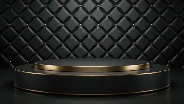 Black and gold circular pedestal against quilted leather wall