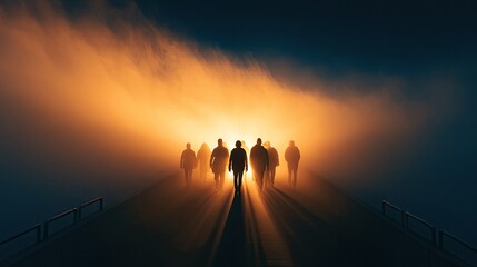 Obraz premium Group of Silhouetted Figures Walking Towards a Bright Golden Light Through Fog.