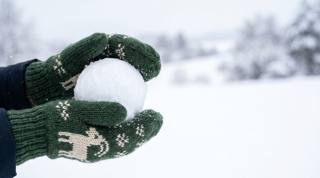 Close up hands wearing knitted winter mittens with cute goat pattern holding perfect snowball snowy outdoor background mockup copy space