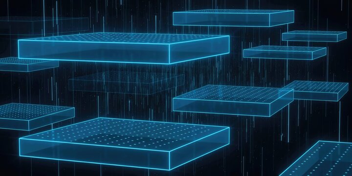Glowing blue digital platforms with vertical data lines, abstract tech background