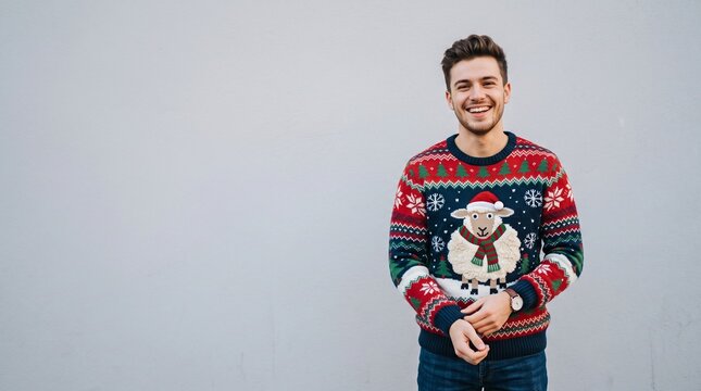 Smiling handsome young man wearing funny knitted ugly Christmas sweater with fluffy sheep design standing against blank wall mockup presentation