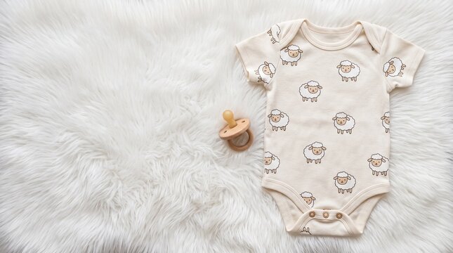 Top down flat lay adorable baby onesie bodysuit with cute sheep pattern lying on soft white fur rug perfect mockup negative space