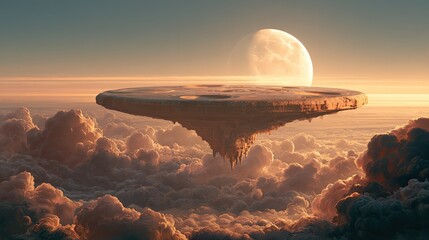 Fototapeta premium Surreal Floating Island City Above Clouds at Sunset.