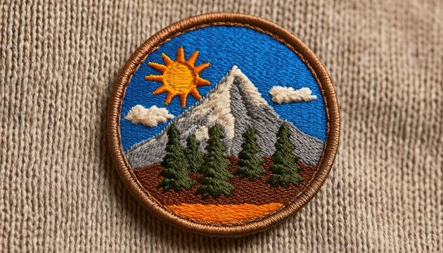 Handmade Embroidered Patch Depicting a Majestic Mountain Landscape Scene.