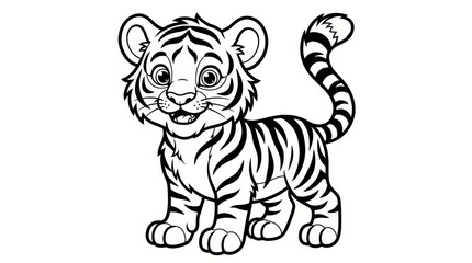 Fototapeta premium Cute Cartoon Tiger Cub Coloring Page for Kids - Black and White Vector Illustration of a Baby Tiger