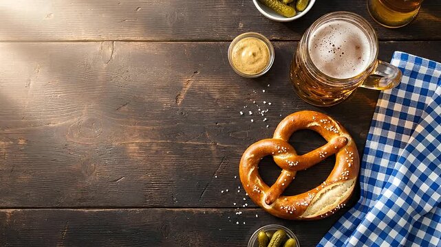 Bavarian Beer and Pretzel on Rustic Wooden Table Top View