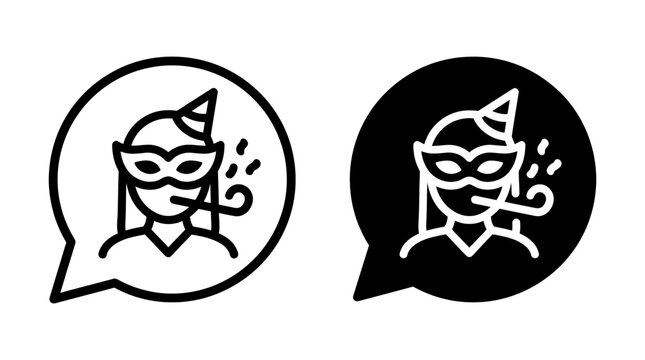 Party woman icon inside speech bubble in outline and solid black style vector illustration with celebration carnival silhouette isolated collection dialogue communication