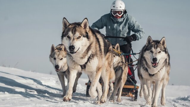 Musher driving a dog sled team with siberian huskies on snow