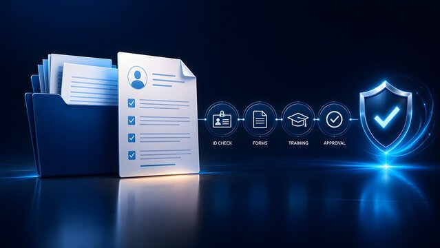 Digital user profile document and folder protected by glowing security shield with identity check and training approval interface icons