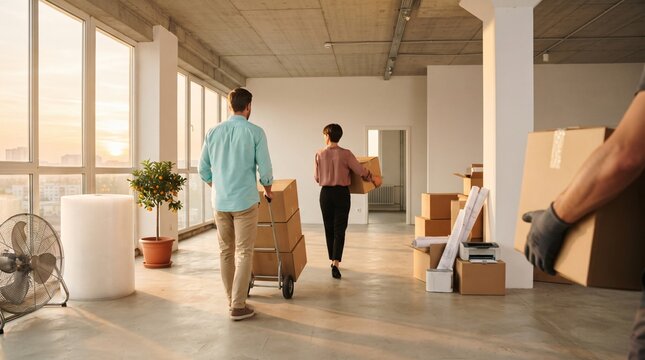 Business partners moving into a new, sunlit office space, transporting boxes with a trolley and by hand.