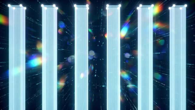 光るシアンのサイバーグリッドと直立するデータ格子のホログラム背景素材