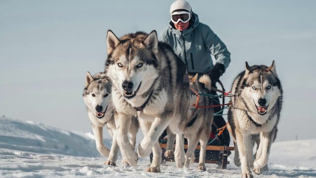 Musher driving a dog sled team of three siberian huskies across snowy terrain