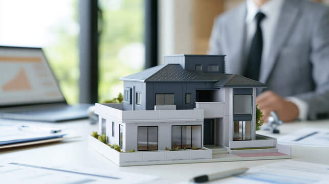 Modern house model with businessman reviewing property plans near window