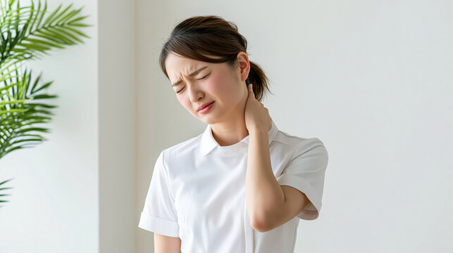 Neck pain Asian woman white shirt indoor portrait touching neck