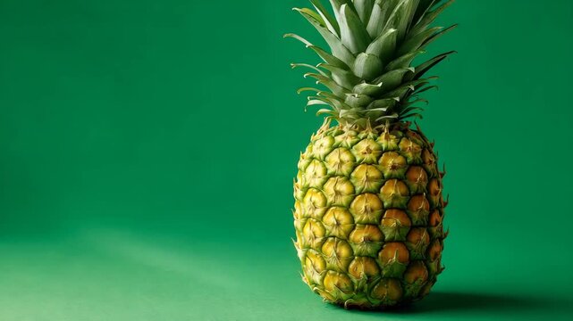 Closeup focused pineapple isolated on solid green background for chroma key evenly illuminated with clear edge separation