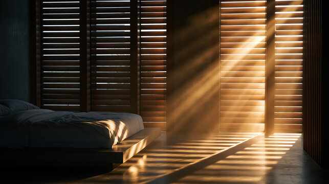 Luxurious minimalist bedroom with wooden window shutter, warm sunlight, and dramatic shadow creating calm cinematic atmosphere