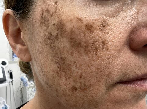 Close up of a woman face showing hyperpigmentation and sun damage on the cheek and skin surface