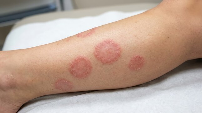 Close up of a human arm showing ringworm fungal skin infection with red circular itchy patches